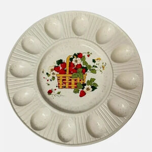 Cindy Sims | Vintage MCM Strawberry Pattern Deviled Egg Plate Dish. Made in USA.